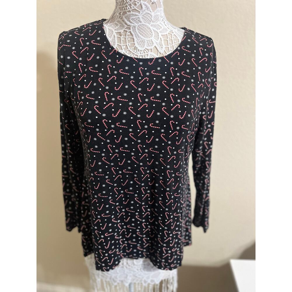 Intro Black Candy Cane and Snowflake Long Sleeve Top with Pleated back - size PL